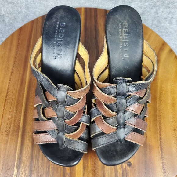 Bed Stu Sandals Women's 7 Brown Black Leather Gina Wedge Straps Slip On Platform - Picture 6 of 11